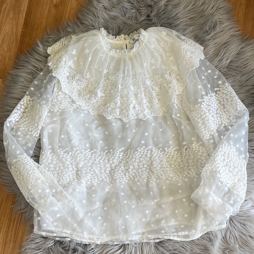Zara White Sheer Lace-Embroidered Ruffle Neck Blouse
